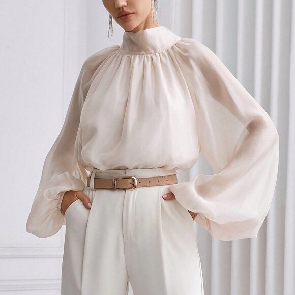 Apricot Casual Women's Solid Color Stand Collar Lantern Sleeve Shirt - Picture 3 of 5